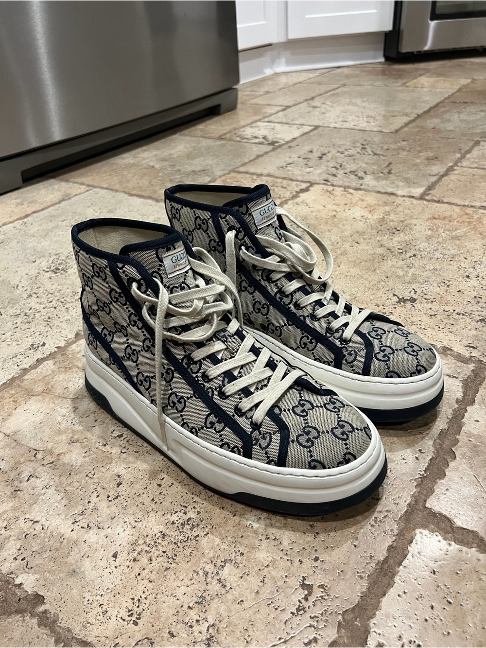 Gucci Navy & Beige GG Canvas High-Top Sneakers
